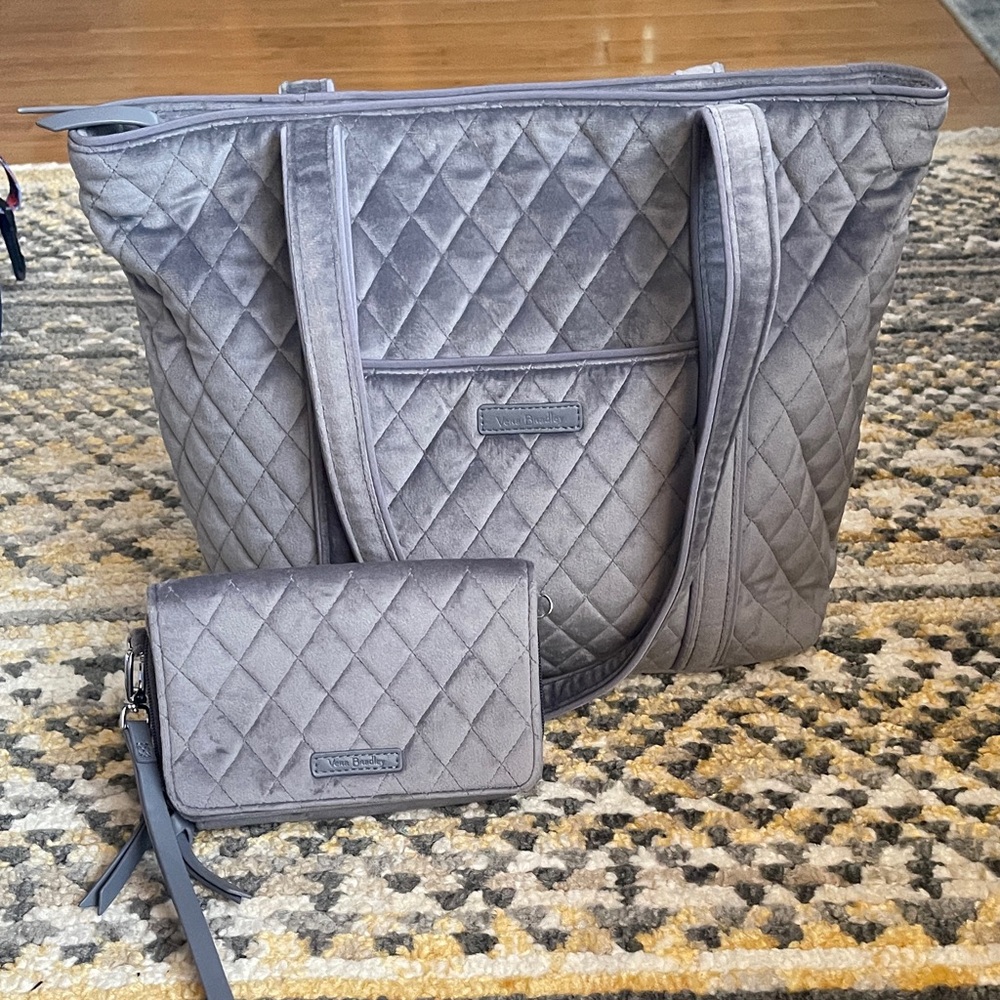 Vera Bradley Velvet Quilted Gray Tote and Wallet Set